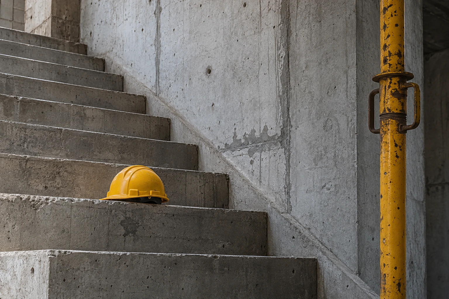 Escalera de concreto y casco en obra