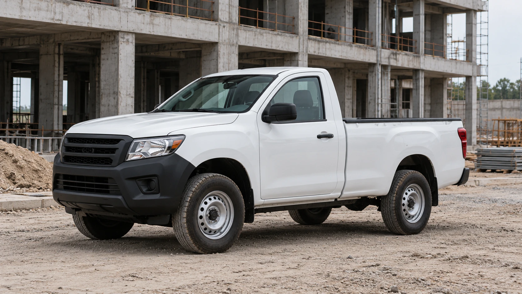 Pickup blanca de apoyo en un frente de obra
